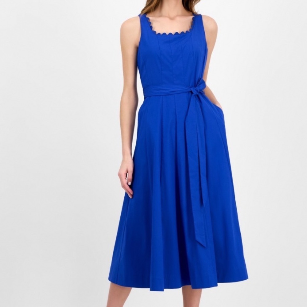 Anne Klein Midi Dress Women 8 NWT Palace Blue Scalloped Fit & Flare Pockets $149